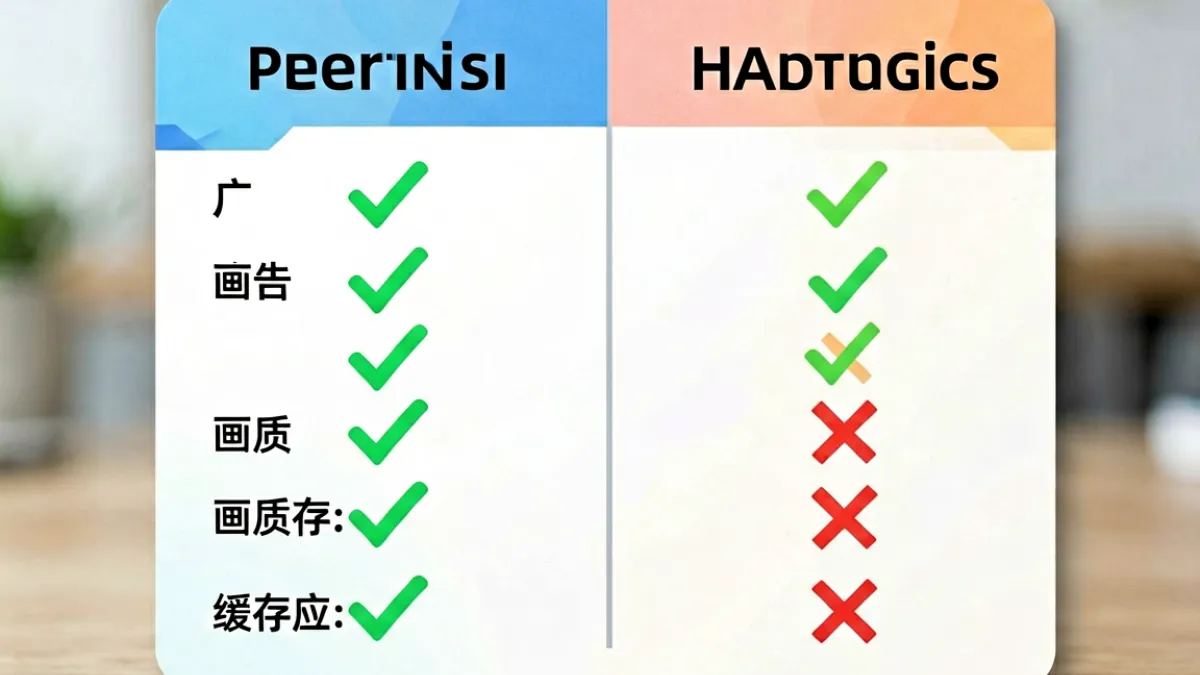 芒果视频会员权益对比示意图，列出普通用户与黄金会员在画质、缓存、广告等方面的差异