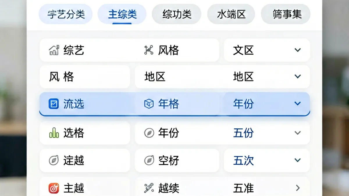 芒果视频分类筛选面板展开状态，用户正在按风格和地区条件叠加筛选综艺节目