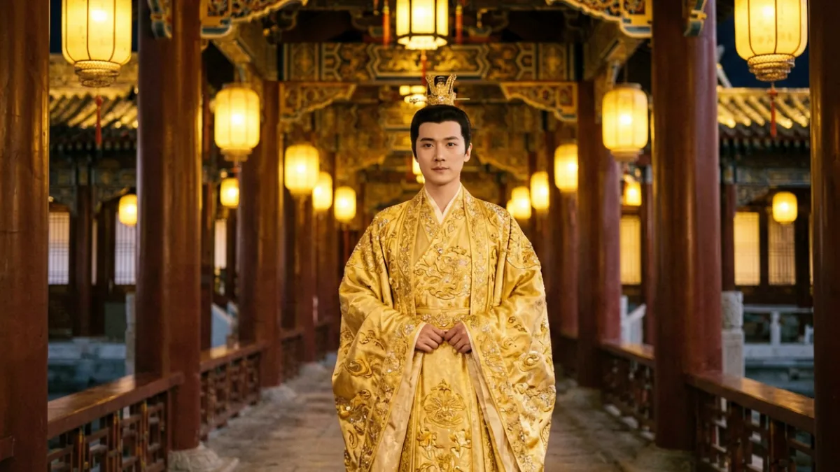 芒果视频 - 古装宫廷剧盛大场景，华服演员在精致布景的宫殿走廊中拍摄的剧照