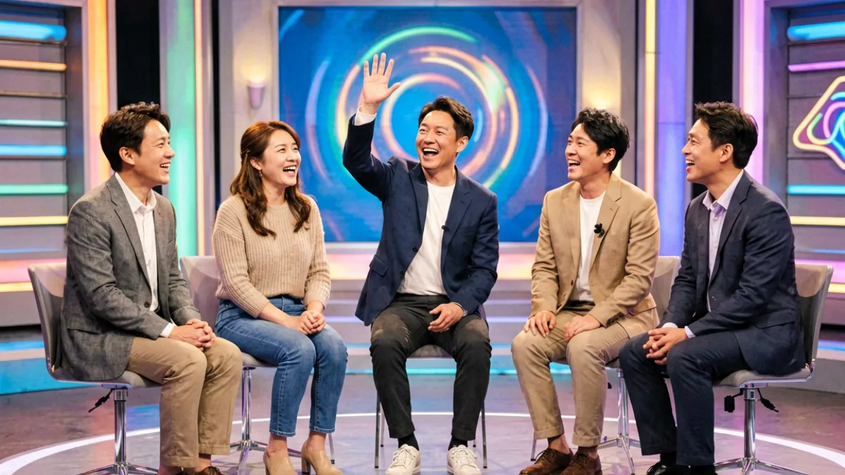 芒果视频热门综艺录制现场，嘉宾围坐在明亮灯光舞台上激烈讨论的现场照