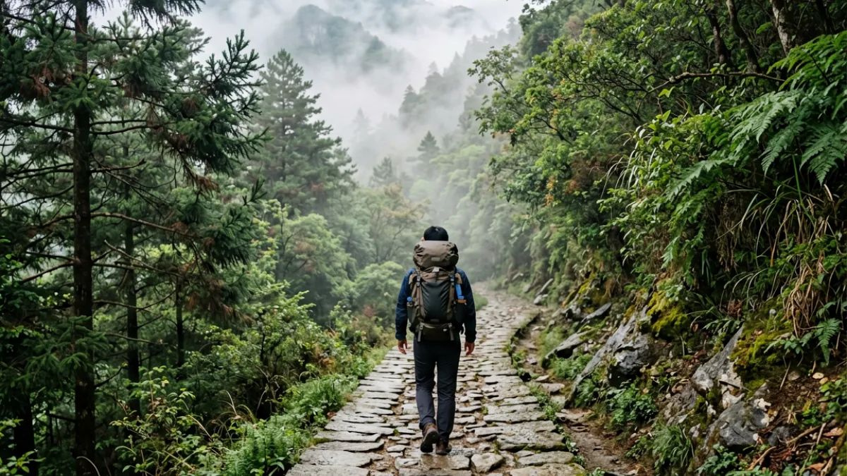 芒果视频 - 旅行纪录片场景，摄影师在云雾缭绕的山间小路上记录自然风光