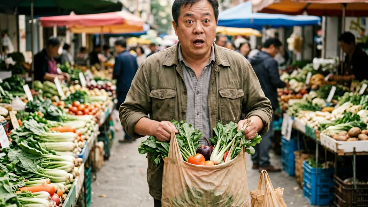芒果视频喜剧电影海报风格截图，主角站在五彩斑斓的集市背景前做出夸张表情